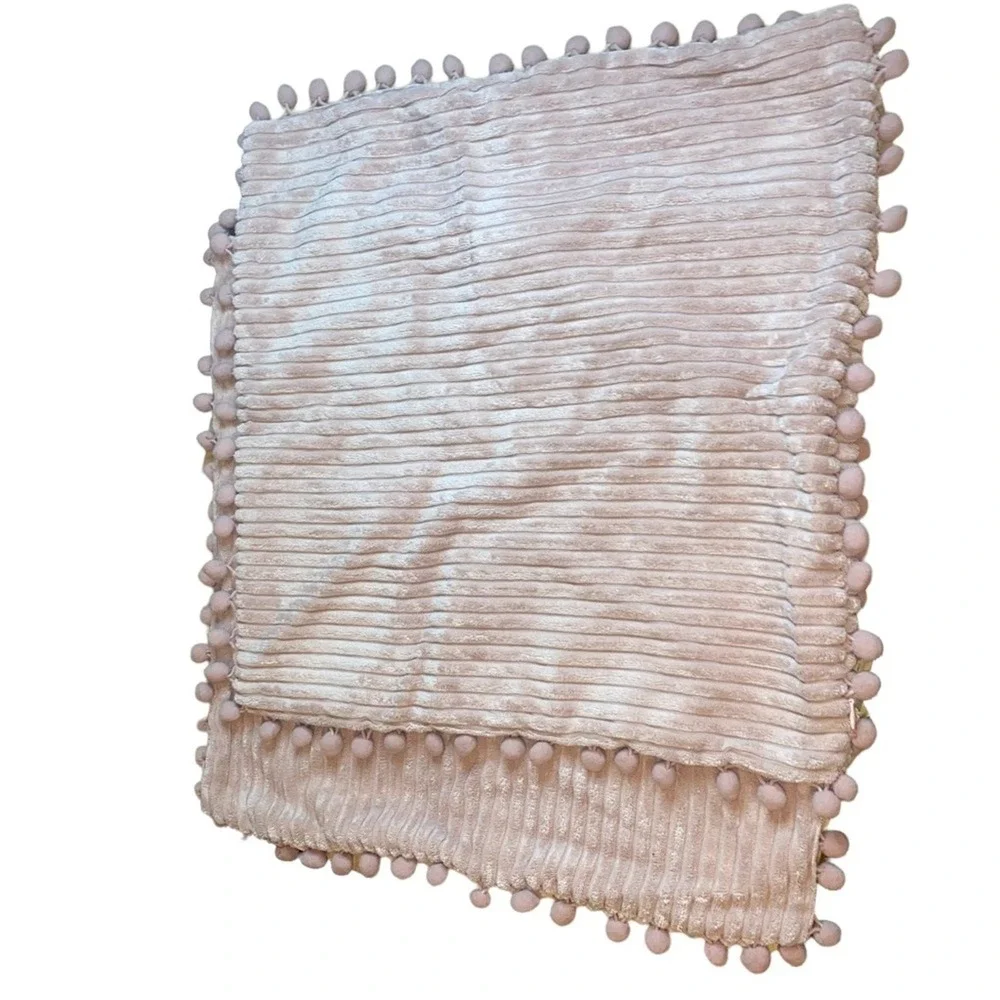 NWOT Set of Two Blush Pink Ribbed Velvet Throw Pillow Covers Pom Pom Trim